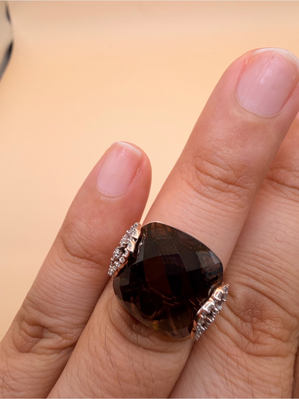 10k Rose Gold Smoky Quartz & Diamond Ring Size 6.